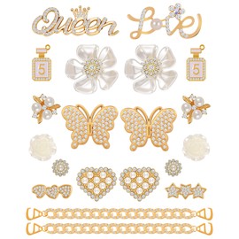 Gushu 20Pcs Croc Charms Designer Bling Shoe Charms for Girls Women,Gold Flower Butterfly Trendy Diamond Rhinestone Shoe Decoration Charms,Shoe Chain with Buttons Luxury Clog Accessories for Adults