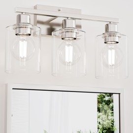 Dekang Bathroom Lighting Fixtures Over Mirror Brushed Nickel, Rustproof 3-Light Vanity Lights for Bathroom, 18Inches Modern Wall Sconces E26 Base, Transparent Clear Glass Shades, Bulbs Not Included