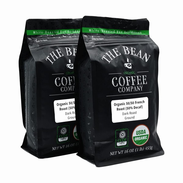 The Bean Organic Coffee Company 50/50 French Roast, 50% DECAF, Dark Roast, Ground Coffee, 16-Ounce Bags (Pack of 2)