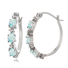 Sterling Silver Synthetic White Opal & Diamond Accent Oval Hoop Earrings