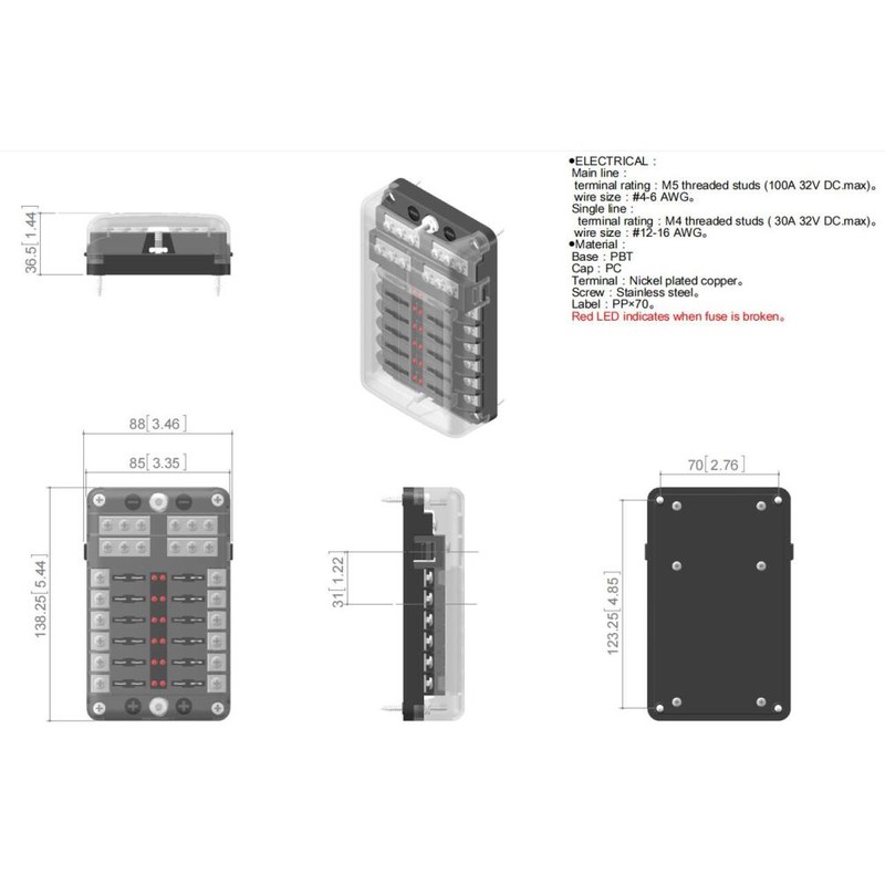 12 Way Fuse Box with Negative Terminals and Fuse Wire
