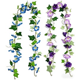 6ft Artificial Flower Garland, Blue & Purple Morning Glory Hanging Garland, Faux Ivy Floral Garland, 1 Blue + 1 Purple, 2 Pack for Home Wedding Party Wall Decor