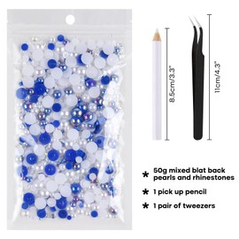 ASTARON 50g Mix Flatback Rhinestones Half Pearls for Crafts Mixed Size 3mm-10mm Flat Back Rhinestones for Crafts Flatback Pearls for Decorating Tumblers Mugs Nail Art Shoes (Blue White Series)