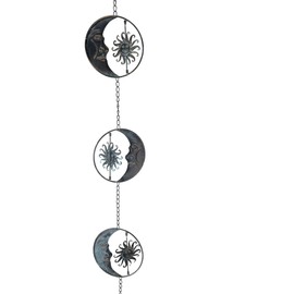 80-Inch Metal Rain Chain with 6 Celestial Crescent Moon & Sun Discs, Dark Verdigris Finish, Decorative Downspout Alternative with Bell at Bottom for Outdoor Décor