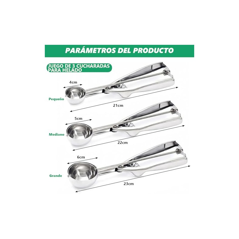 3 Piezas Cuchara para Helado, Acero Inoxidable, Cucharadas de Galletas