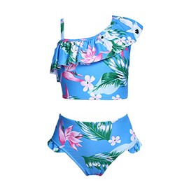 Arshiner Girls Two Piece Bathing Suit One Shoulder Ruffle Flounce Printed Bikini Tankini Sets Floral Beach Swimwear Swimsuits