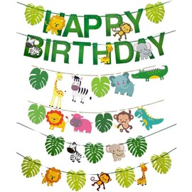 Jungle Birthday Party Decoration, Happy Birthday Banner, Cartoon Safari Jungle Animal Banner, Paper Bunting Garland Forest Theme Birthday Festival Parties