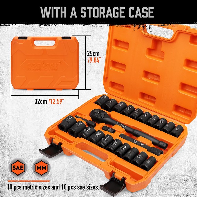 HORUSDY 1/2" Drive Shallow Impact Socket Set, 24-Piece SAE (7/16"-1")