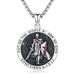 MOPOPOK Knights Templar Necklace for Man S925 Sterling Silver Knights Templar Cross Pendant Medal Necklace Amulet Religious Jewelry Gift for Birthdays Christmas Graduation