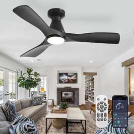 Depuley Ceiling Fans with Lights and APP: Flush Mount Low Profile Ceiling Fan for Bedroom - Dimmable Indoor Outdoor Fan with Remote Control Black 3 Blade Ultra Quiet DC Motor Timer