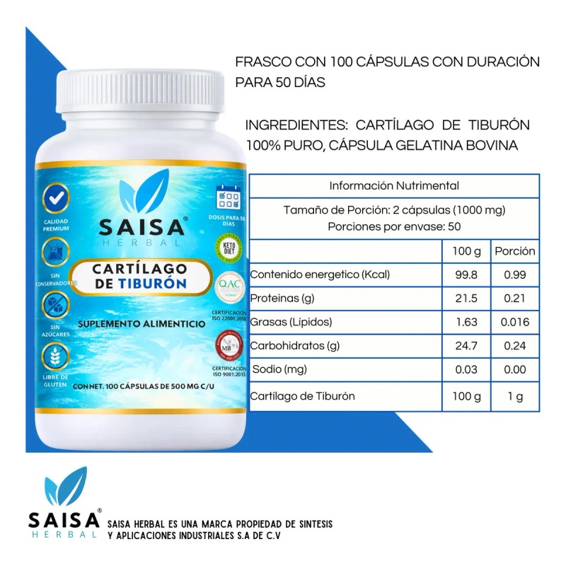 Cartílago Tiburón Suplemento Alimenticio 100 Puro Cápsulas 500 Saisa Herbal