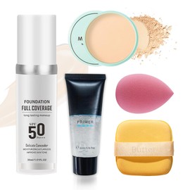 3PCS Full Coverage Foundation Long Lasting Flawless Liquid Foundation Set with 2 Cosmetics Sponge,Non-Greasy Liquid Cover Concealer Foundation Nude Makeup Base 30ml(Set B)