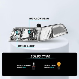 TUSDAR Headlight Assembly Set with Corner Lights 4pcs for 98-11 Ford Crown Victoria Headlamp (Chrome Housing with Clear Reflector)
