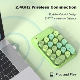 MOWUX Wireless Number Pads, Cute Colorful Numeric Keypad Numpad Portable 2.4 GHz Financial Accounting Number Keyboard Extensions, 18 Key Number Numpad for Laptop Desktop, PC (Green)