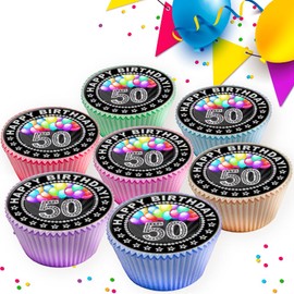 24 x HAPPY 50TH BIRTHDAY BLACK SILVER BALLOONS EDIBLE ICING 4.5 cms CUPCAKE TOPPERS DECORATIONS 9141
