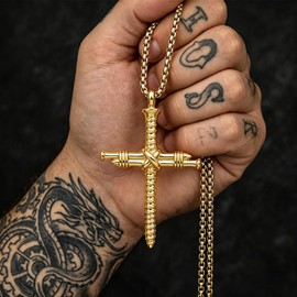CRWENG Nail Cross Necklace for Men 14k Gold Plated Nail Cross Father Day Religious Jewelry Christian Gifts for Men Women