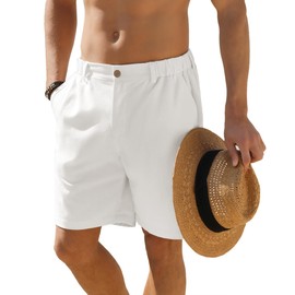 JEMLDL Men's Shorts Casual 7" Cotton Linen Button Elastic Waist Summer Beach Vacation Shorts with Multi-Pocket US 40 XX-Large White