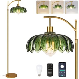 Gold Floor Lamps for Living Room,Glass Floor Lamp with Remote Control & Green Lampshade,Arc Flower Lamp Dimmable Mid Century Modern Standing Lamp Vintage Brass Tall Floor Lamp For Bedroom Corner