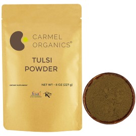 Tulsi Leaves Powder 8 Ounce or 1/2 lb (Pack of 1) | Natural Tulsi Powder | Non-GMO | Kosher | Holy Basil | No Added Preservative. | By Carmel Organics