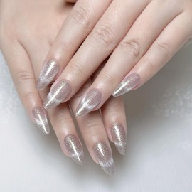 Soovbk French Tip Press on Nails, Handmade Gray Flash False Nails, Cat Eye Press on Nails Art, Professional Hand-Painted Nail Design 10 pcs Set (Size M)