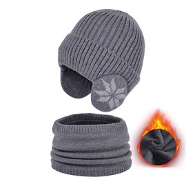 YAMEE Winter Knitted Hat Scarf Set for Children, Children's Winter Hat with Ear Flaps, Cold Protection, Windproof, 2-Piece Children's Beanie for Children, Warm Plush, Cap for 4-10 Years Boys Girls,