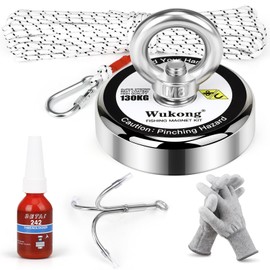 Wukong Magnetic Fishing Set, 130 kg (286 lb) Strong Tensile Force, Magnetic Fishing with Rope, Hooks, Gloves, Thread Locking, Round Neodymium Magnets for Recovering Heavy Objects Underwater in the