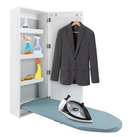 Wall Mounted Ironing Board Cabinet, Built in Ironing Board with Iron Storage & Mirror & Garment Hooks, Foldable Ironing Storage Station for Home, Apartment, Laundry (Standard)