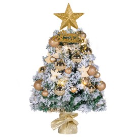 NALONE Mini Christmas Tree with Lights and Timer, 24 Inch Snow Flocked Small Christmas Tree with 27 Pcs Ornaments, 80 Branch Tips Tabletop Christmas Tree for Holiday Decoration (Gold Flocked)