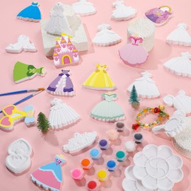 Seenelling 24 Set Princess Dress Ceramic to Paint Kits with Brush, Princess Ceramic Ornaments to Paint Unpainted DIY Arts Crafts Figurines for Baby Shower Girls Party Decor