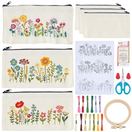 WEBEEDY 3 Sets Embroidery Pouch Making Kit DIY Floral Pouch Cosmetic Bag Embroidery Kit Include Stamped Flower Pattern, Hoop, Threads, Needles for Beginners Christmas Mother's Day Stitchwork Gift