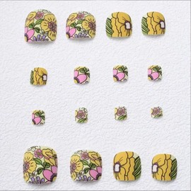 Yellow Flower Press on Toenails Short Square Acrylic False Toenails Spring Summer Fake Toenails with Matte Designs Colorful Floral Stick on Toenails Reusable Glue on Toenails for Women 24Pcs