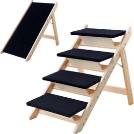 LWTURLOV Wood Dog Stairs/Steps, 2-in-1 Foldable Pet Ramp with Non-Slip Pet Stairs for Small to Medium for Bed,Sofa, Couch, Car,Ladder Up to 110 Pounds Indoor Pet Dog Cat 4 Steps Stairs