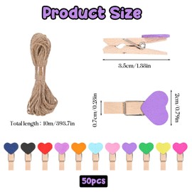 Heart Clothespins, 50 PCS Mini Colorful Clothespins Cute Wooden Clips Small Clothes Pin Photo String Hanging Photo Display with Clips for Home Party Wedding Decoration