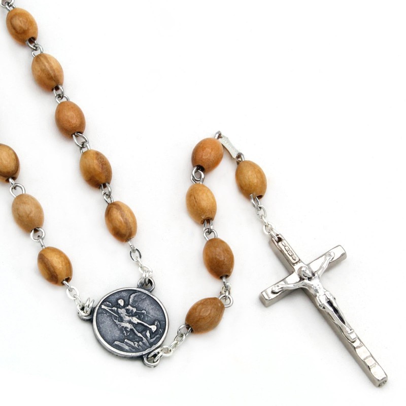 St. Michael Medal Rosary Olive Wood Beads Metal Crucifix