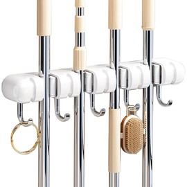 CWOVRS Broom Mop Holder Wall Mounted, Heavy Duty Broom Storage with 4 Slot 5 Hooks, Utility Room Storage Solutions for Broom Cupboard Kitchen Bathroom Garage & Garden Tool Organiser, 1 Pack, White