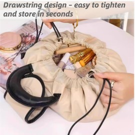 Okerker Drawstring Makeup Bag, Waterproof PU Travel Toiletry Bag, Large Capacity & Easy Access Cosmetic Organizer, Dustproof & Travel-Friendly White