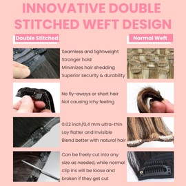 FUOTONBUTY Clip-In Real Hair Extensions, Double Stitched, 7 Pieces, Clip-In Extensions, Dark Brown to Black, Real Hair Extensions Clip-In 90 g, Natural Real Hair Extensions 60 cm