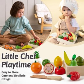 LINFUN KIDS Fruit Cutting Set Wooden Play Food for 2+ Year Olds Toddlers, Velcro Food Toys Kids Role Play Kitchen Accessories with Baskets Gifts age 3 4 5 Boys Girls