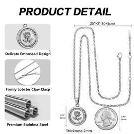 murtoo Rose Pendant Necklace for Men, Silver Stainless Steel Necklace with Carved Rose Pendant for Men and Women, Rose Flower Necklace (24+2 inch, silver)