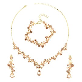 Yolev Rhinestone Wedding Jewellery Set Women's Bridal Jewellery Crystal Necklace Bracelet Earring Set Gold Bridal Wedding Jewellery Bridesmaid Prom Costume Accessories Fashion Jewellery Set (Gold