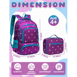 BLUEFAIRY Kids Backpack with Lunch Box for Girls Boys Elementary Primary Middle School Bag with Lunch Bag Set 17 Inch Bookbag Mochilas Escolares para Niñas Niños (Hearts, Purple)
