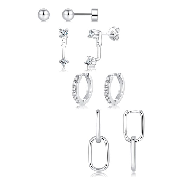 4 Pairs 925 Sterling Silver Stud Earrings for Women, Hypoallergenic