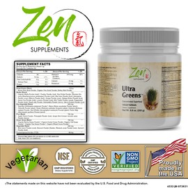 Zen Ultra Greens All-Natural Superfood Blend with Organic Grasses, Algae, Herbs, Fibers, Enzymes - 8.8 oz Powder
