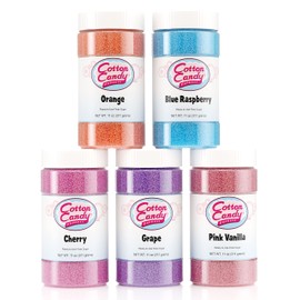 Cotton Candy Express Floss Sugar Variety Pack with 5 - 11oz Plastic Jars of Orange, Blue Raspberry, Pink Vanilla, Grape, & Cherry Flossing Sugars. Use with Cotton Candy Express Countertop Machine