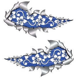 Large metal rip open, blue hibiscus flower sticker.