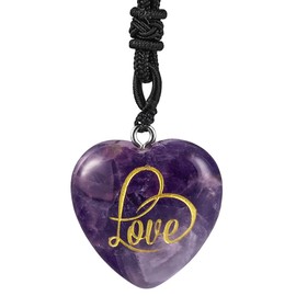 Nupuyai Amethyst Crystal Heart Stone Necklace for Women, Engraved Letter Love Stone Pendant with Adjustable Cord, Reiki Healing Meditation