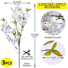 Grand Verde Artificial Apple Blossom Silk Flowers Tree Branches 33” Long Stems Faux Bouquet for Tall Vase Indoor Home Decor DIY Wedding Centerpiece Decoration, Bulk 3pcs (White)