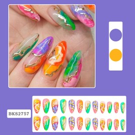 Press on Nails Almond Medium Length-Glossy Full Cover Acrylic False Nails with Marble and Gold Line Designs Artificial Pointed Almond Fake Nails with Charms Glue on Fingernails for Women Girls