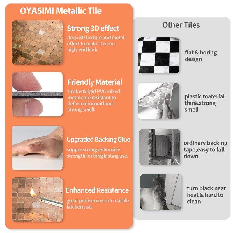 OYASIMI 10-Sheets Metallic Peel and Stick Backsplash Mosaic Tiles, Retro