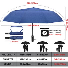 Satol 46/54/62 Inch Large Golf Umbrella, Windproof 10 Ribs Automatic Open/Close Oversize Double Canopy Vented Portable Folding Travel Umbrellas, UPF 50+ Sun & Rain Compact Umbrellas for Outdoor (Blue Diamond Round Handle, 62 inch)